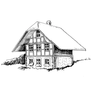 Federzeichnung eines traditionellen Schweizer Bauernhauses – Architekturillustration
