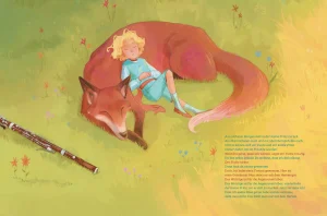 Szene mit dem kleinen Prinzen und dem Fuchs – visuelles Storytelling, Kinderbuchkunst, Illustration als Medium der Bildung.