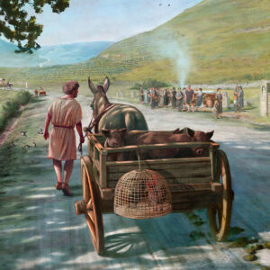 Historisches Lebensbild einer römischen Strasse mit Menschen, Tieren und Handelswagen – Illustration zur Alltagskultur und Wissensvermittlung in der Archäologie.